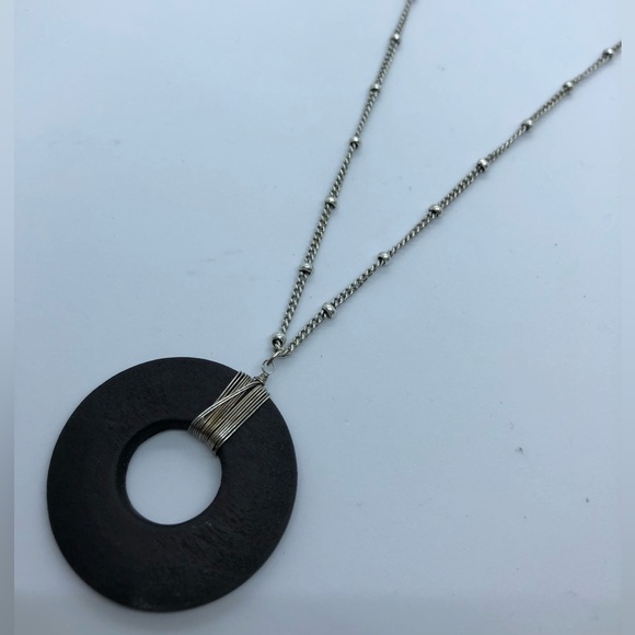 Silver Tone Necklace with Wooden Disc - Picture 3 of 5